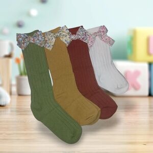Floral Bow Kids Sock- Green, Brown, White 8$ea Pair